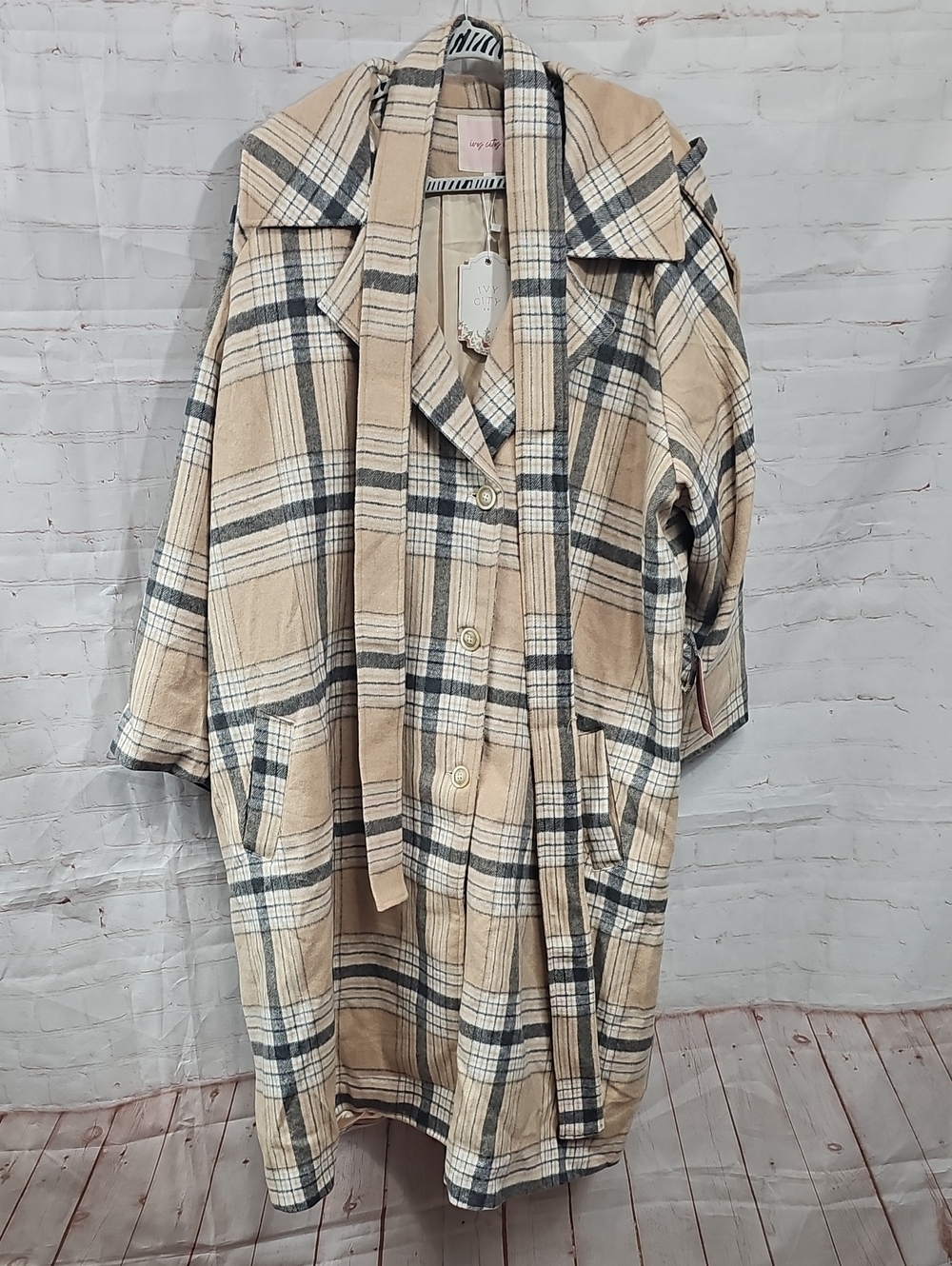 Ivy City Co Beige Plaid Trench Coat with Belt